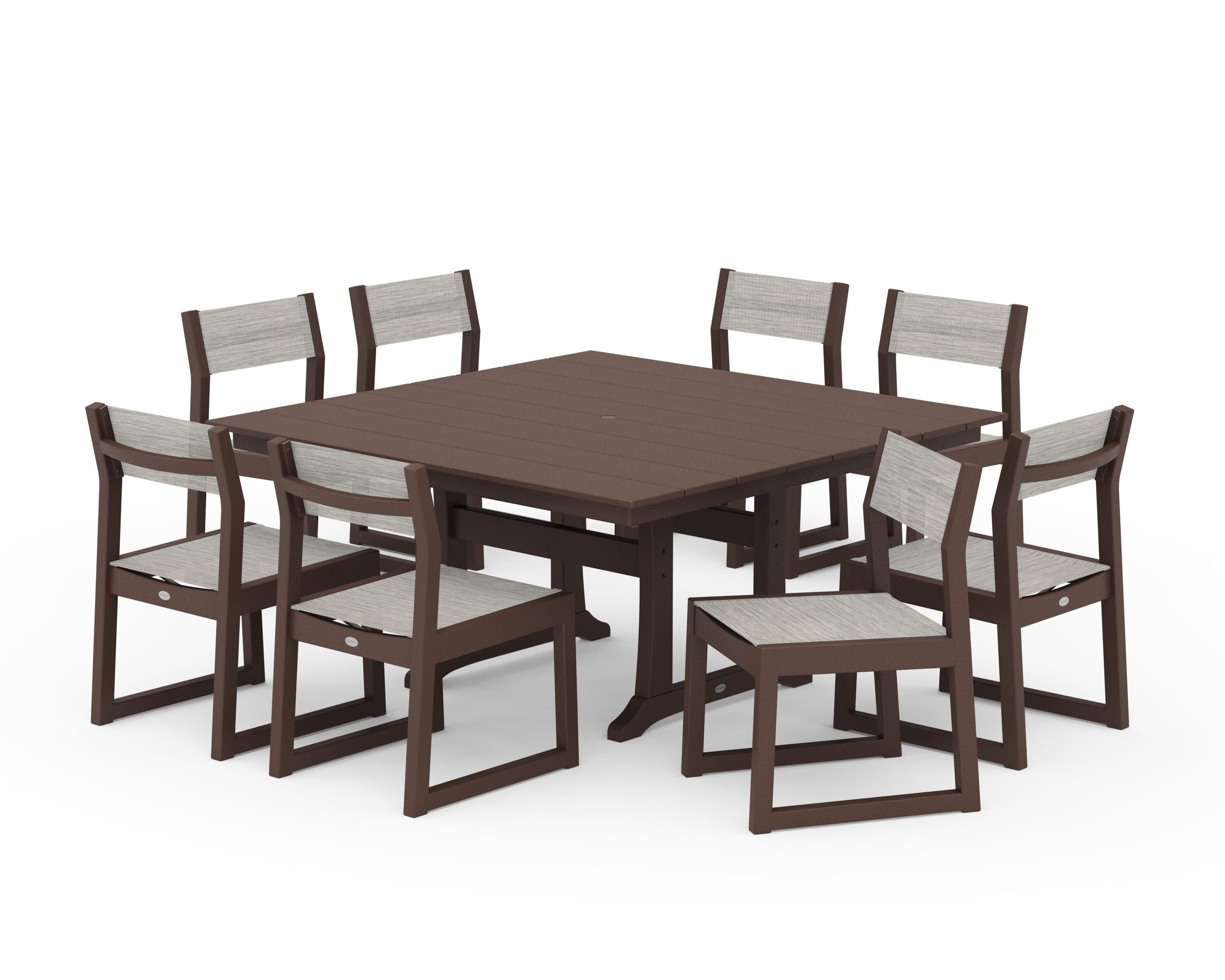 POLYWOOD® EDGE Sling Side Chair 9-Piece Farmhouse Trestle Dining Set in Mahogany / Birch Sling
