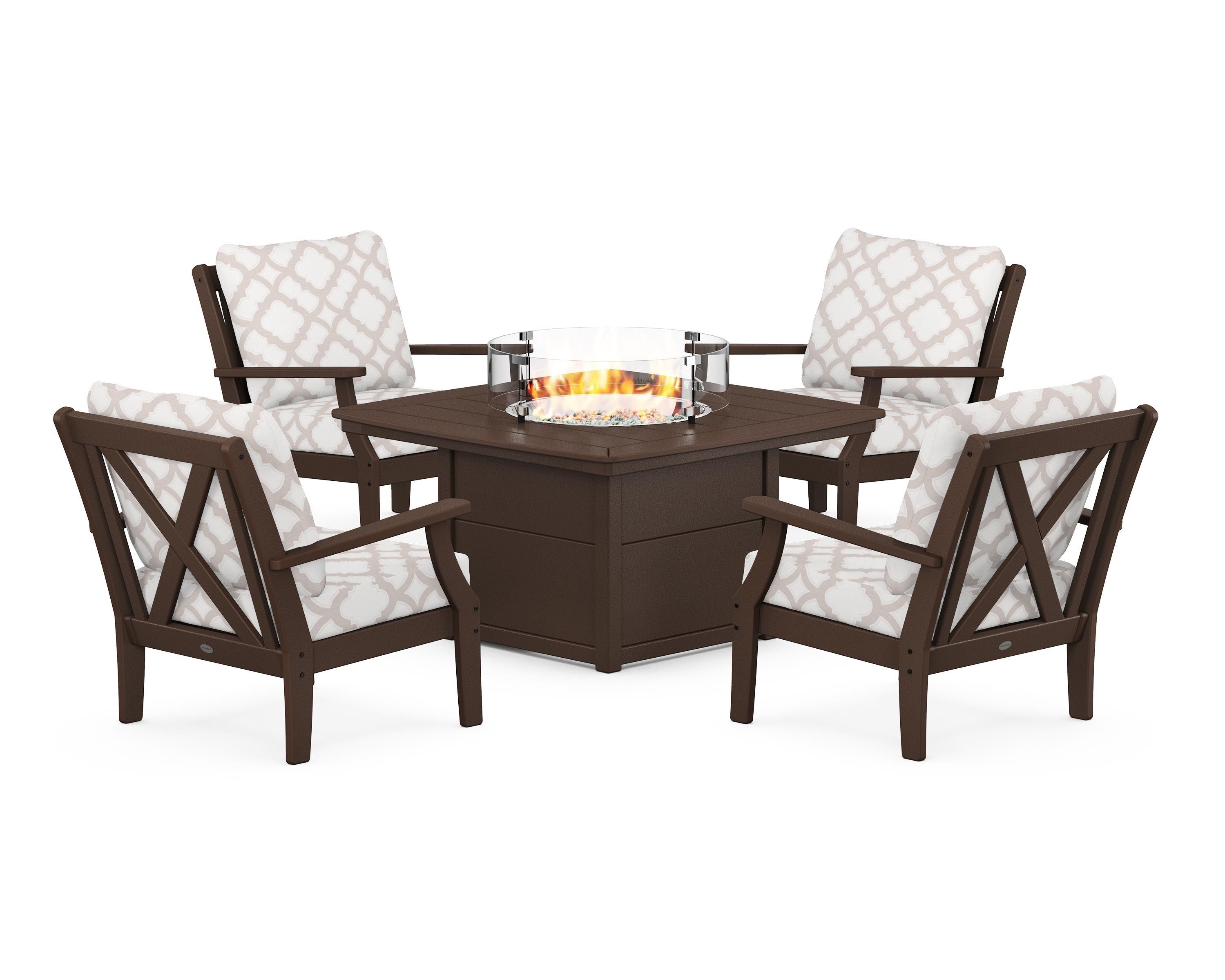 POLYWOOD® Braxton 5-Piece Deep Seating Conversation Set with Fire Pit Table in Mahogany / Trellis Dune Burlap