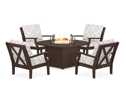 POLYWOOD® Braxton 5-Piece Deep Seating Conversation Set with Fire Pit Table in Mahogany / Trellis Dune Burlap