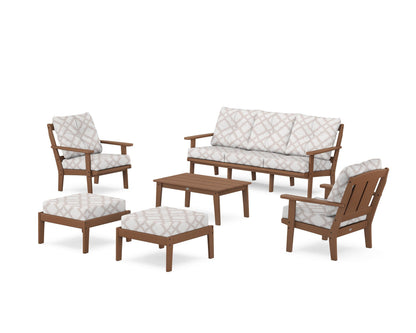 POLYWOOD® Mission 6-Piece Lounge Sofa Set in Teak / Trellis Dune Burlap