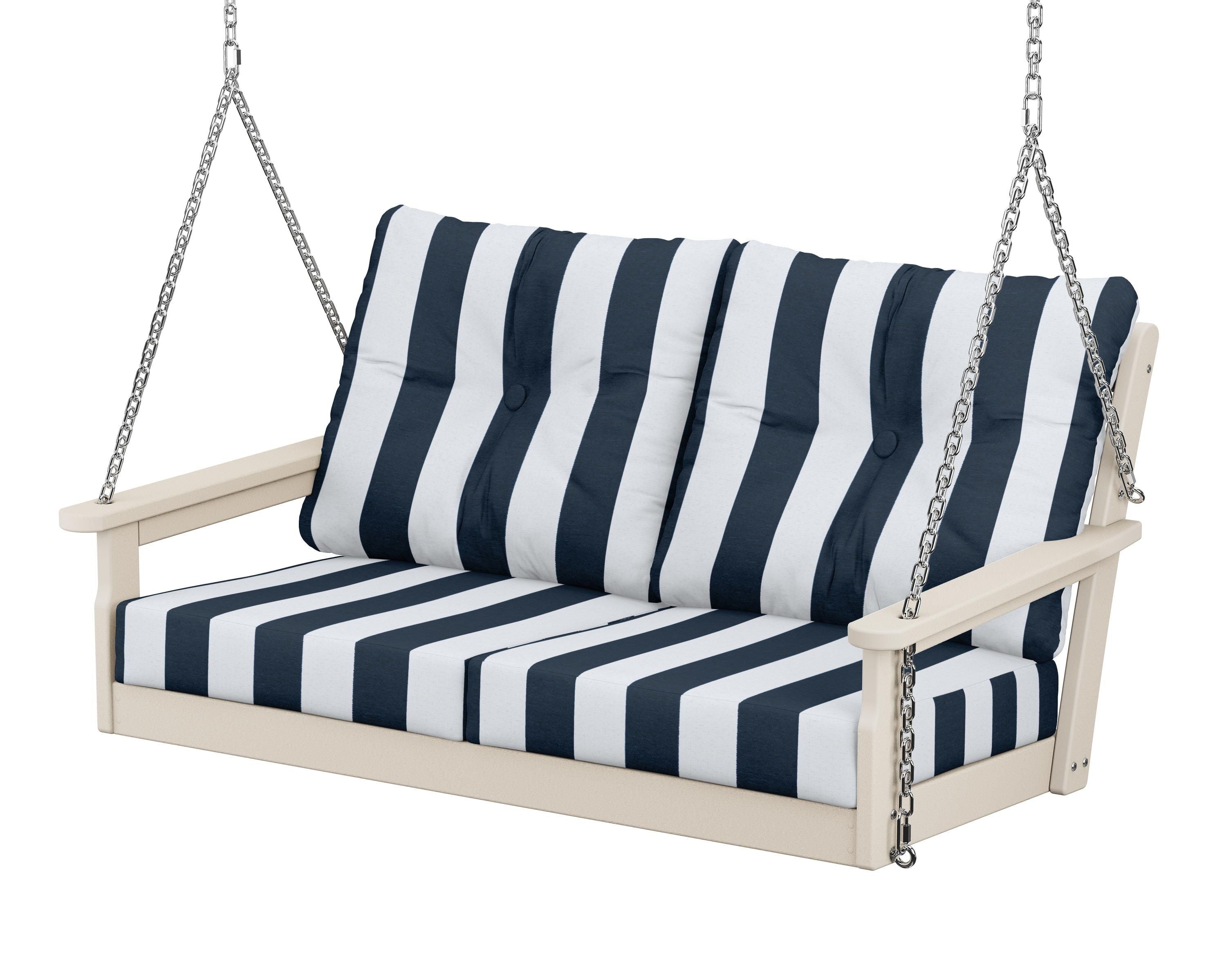POLYWOOD® Vineyard Deep Seating Swing in Sand / Cabana Stripe Marine Indigo
