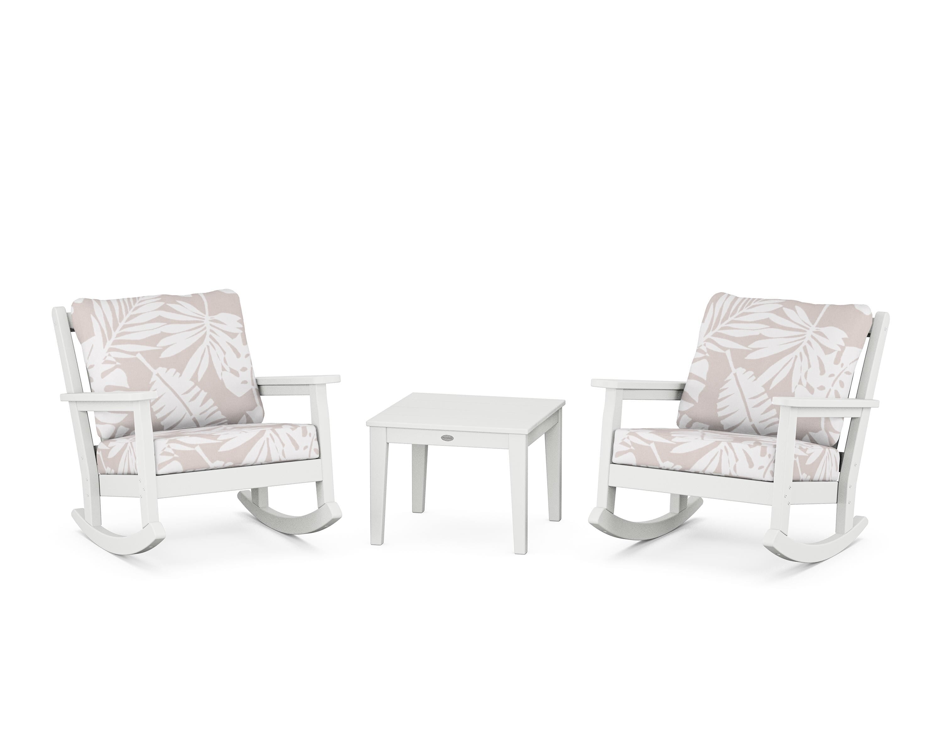 POLYWOOD® Chippendale 3-Piece Deep Seating Rocker Set in White / Leaf Dune Burlap