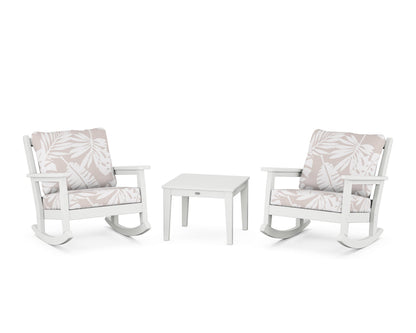 POLYWOOD® Chippendale 3-Piece Deep Seating Rocker Set in White / Leaf Dune Burlap