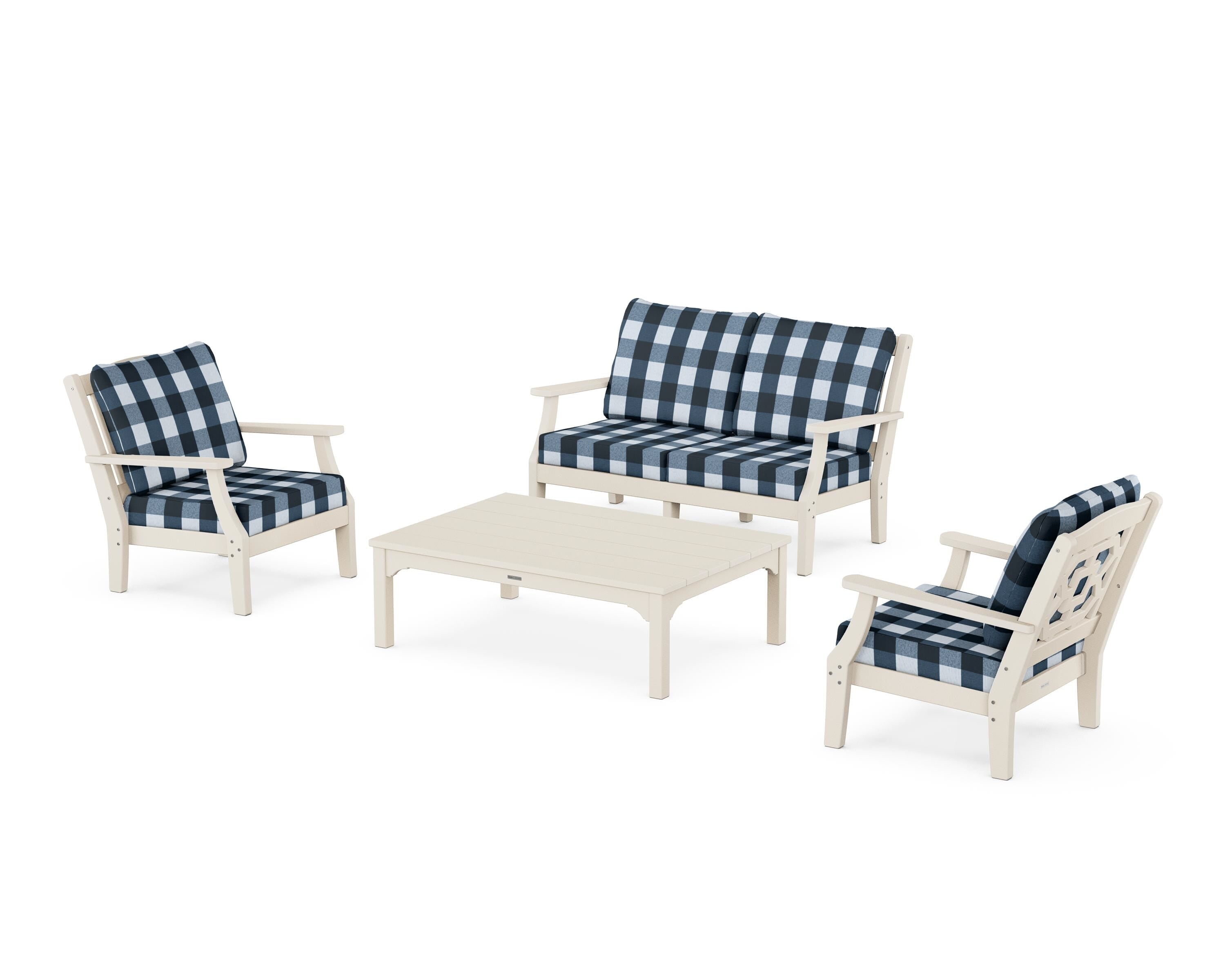 Martha Stewart by POLYWOOD® Chinoiserie 4-Piece Deep Seating Set with Loveseat in Sand / Buffalo Plaid Marine Indigo