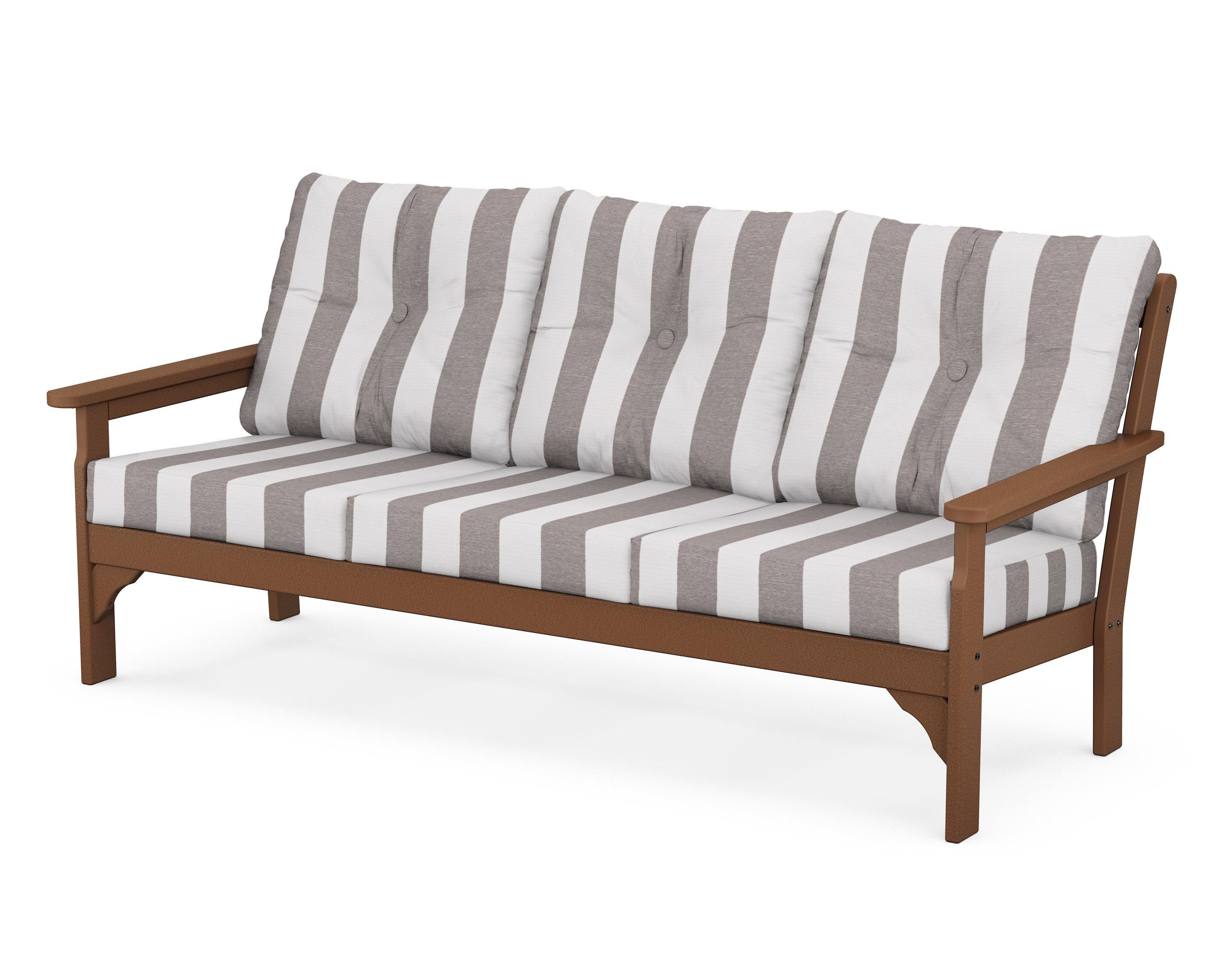 POLYWOOD® Vineyard Deep Seating Sofa in Teak / Cabana Stripe Grey Mist