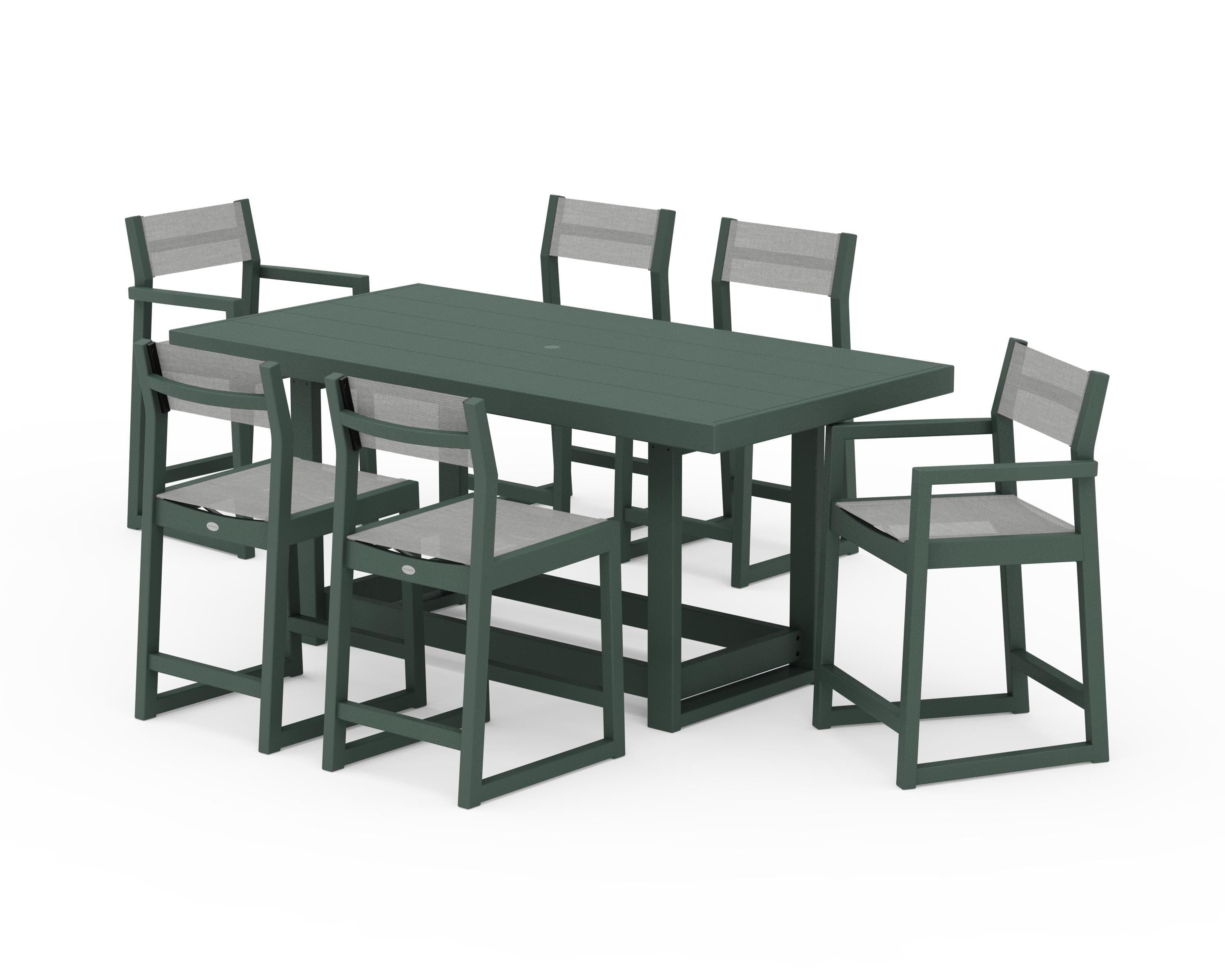 POLYWOOD® EDGE Sling 7-Piece Counter Table Set in Green / Metallic Sling
