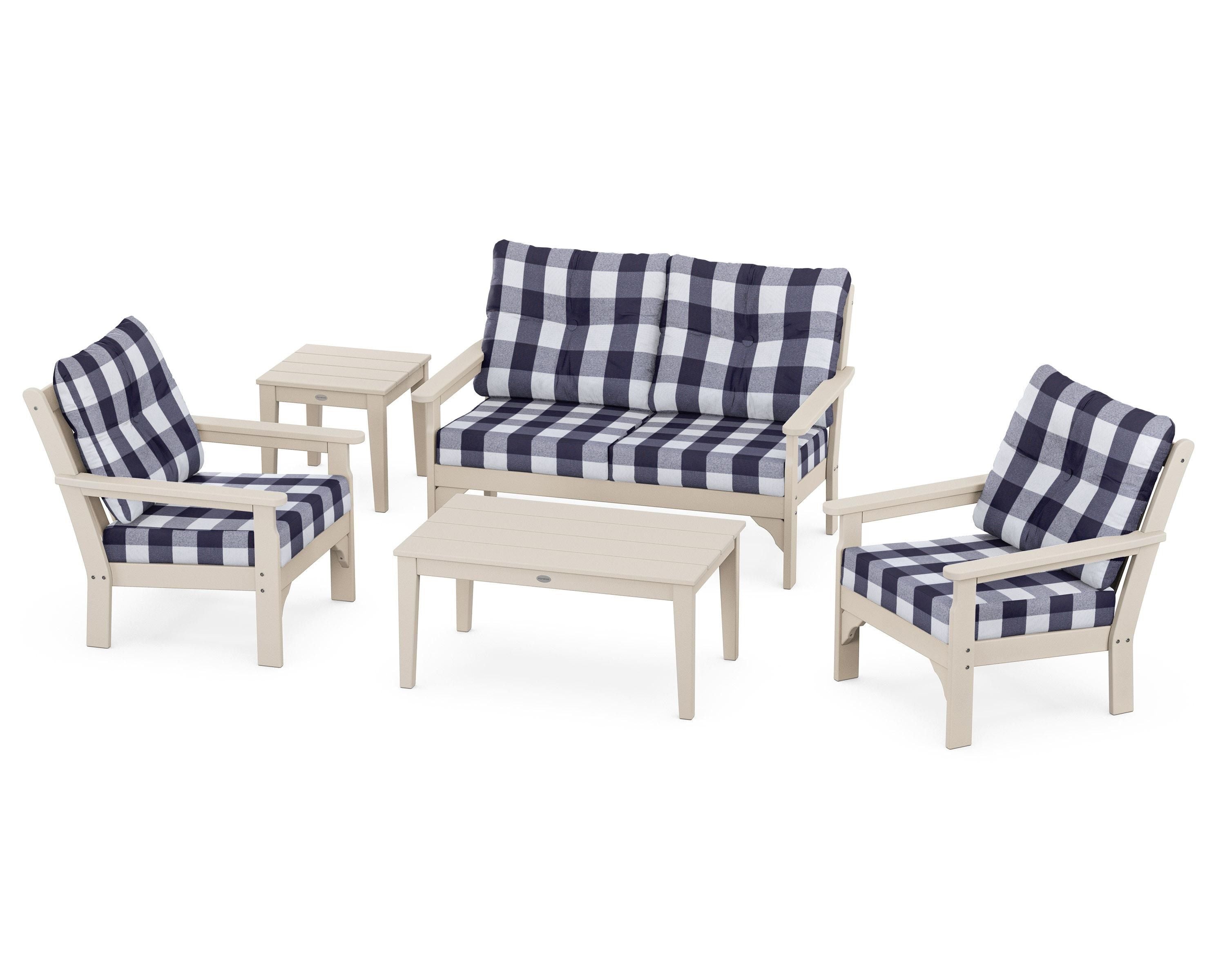 POLYWOOD® Vineyard 5-Piece Deep Seating Set in Sand / Buffalo Plaid Navy