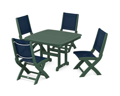 POLYWOOD® Coastal Folding Side Chair 5-Piece Dining Set in Green / Navy Blue Sling