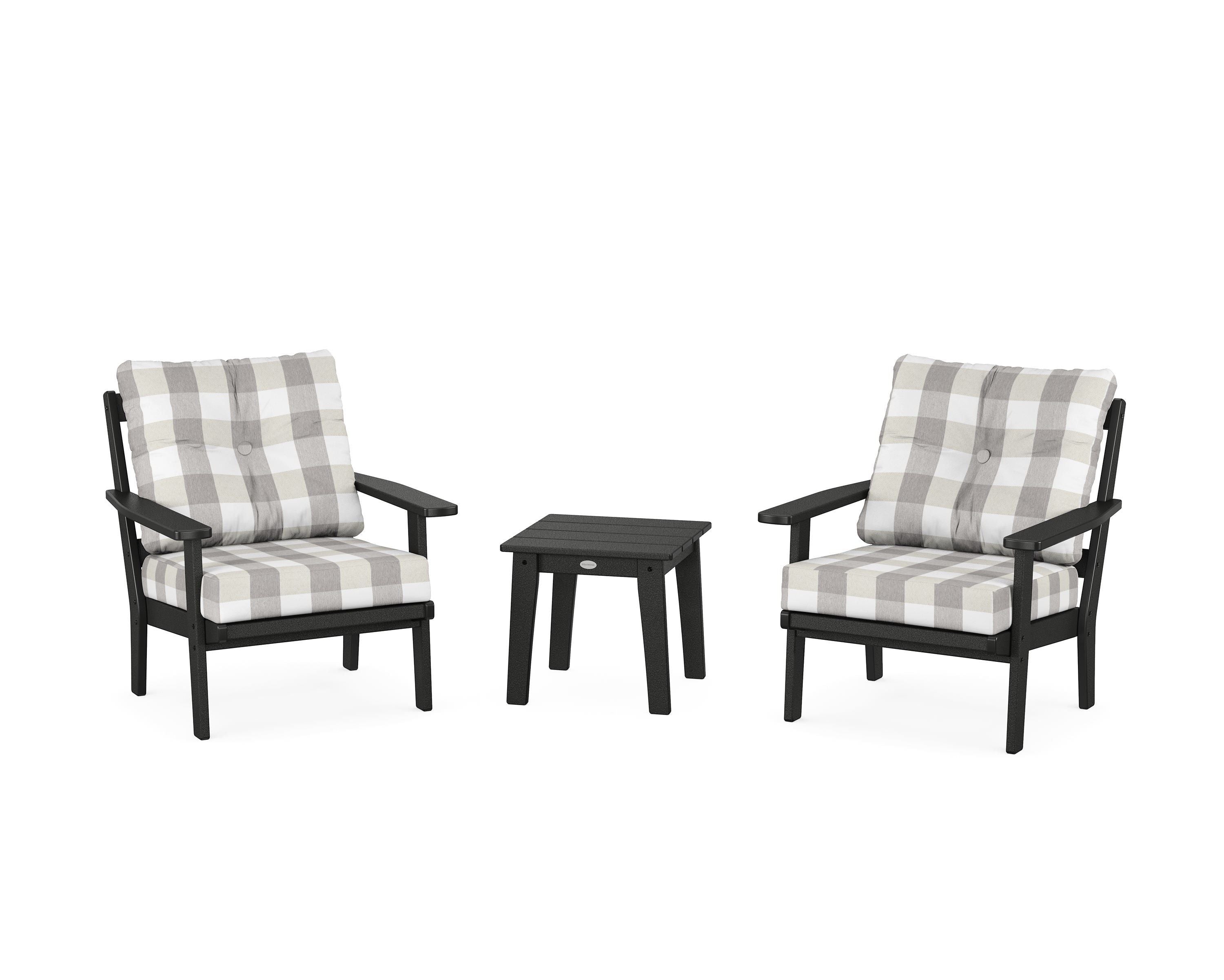 POLYWOOD® Oxford 3-Piece Deep Seating Set in Black / Buffalo Plaid Grey Mist