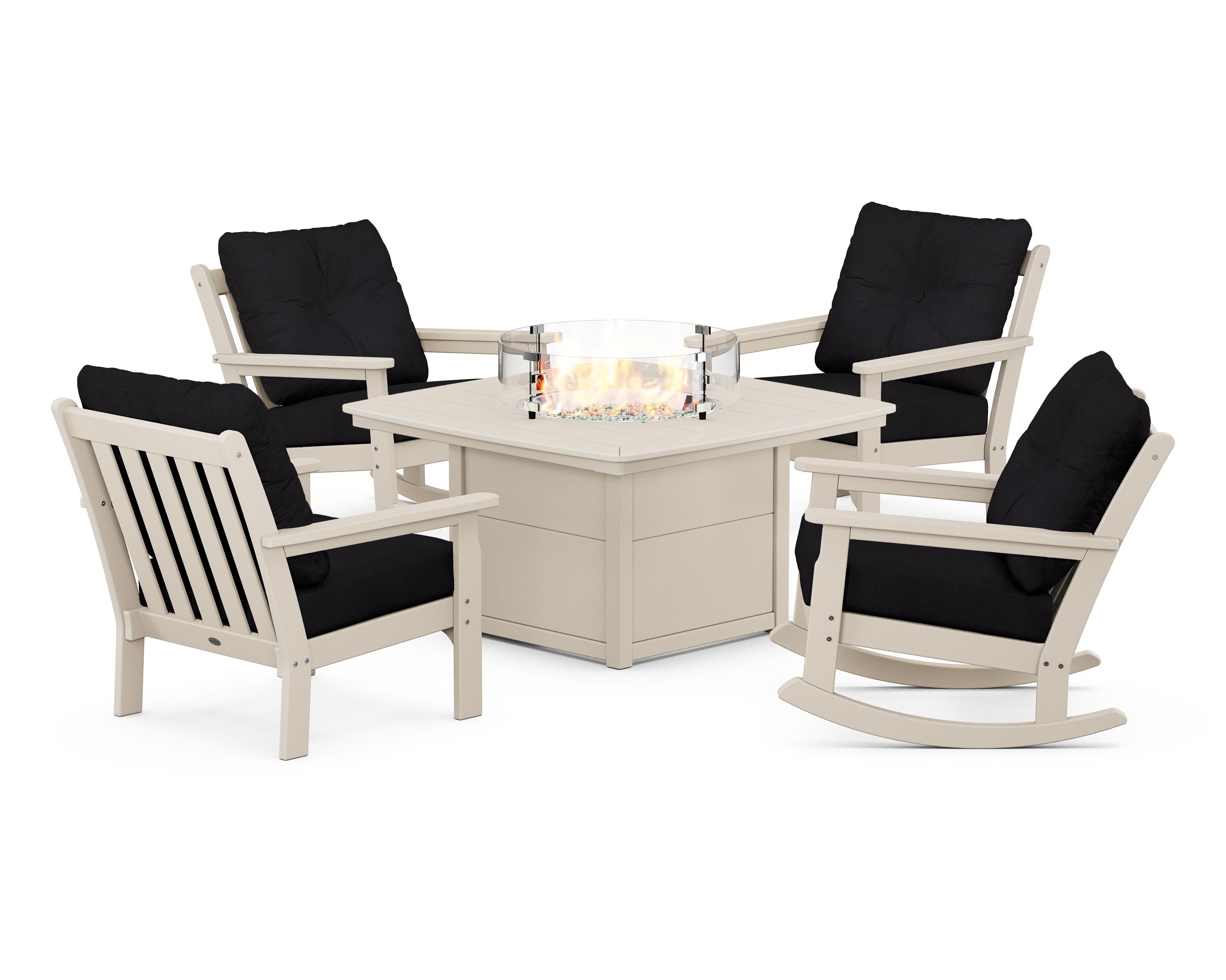 POLYWOOD® Vineyard 5-Piece Deep Seating Rocking Chair Conversation Set with Fire Pit Table in Sand / Midnight Linen