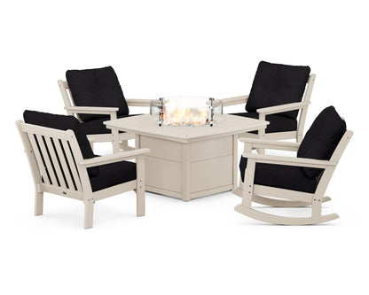 POLYWOOD® Vineyard 5-Piece Deep Seating Rocking Chair Conversation Set with Fire Pit Table in Sand / Midnight Linen