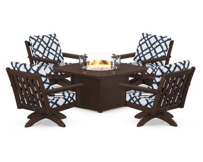 POLYWOOD® Vineyard 5-Piece Deep Seating Swivel Conversation Set with Fire Pit Table in Mahogany / Trellis Marine Indigo