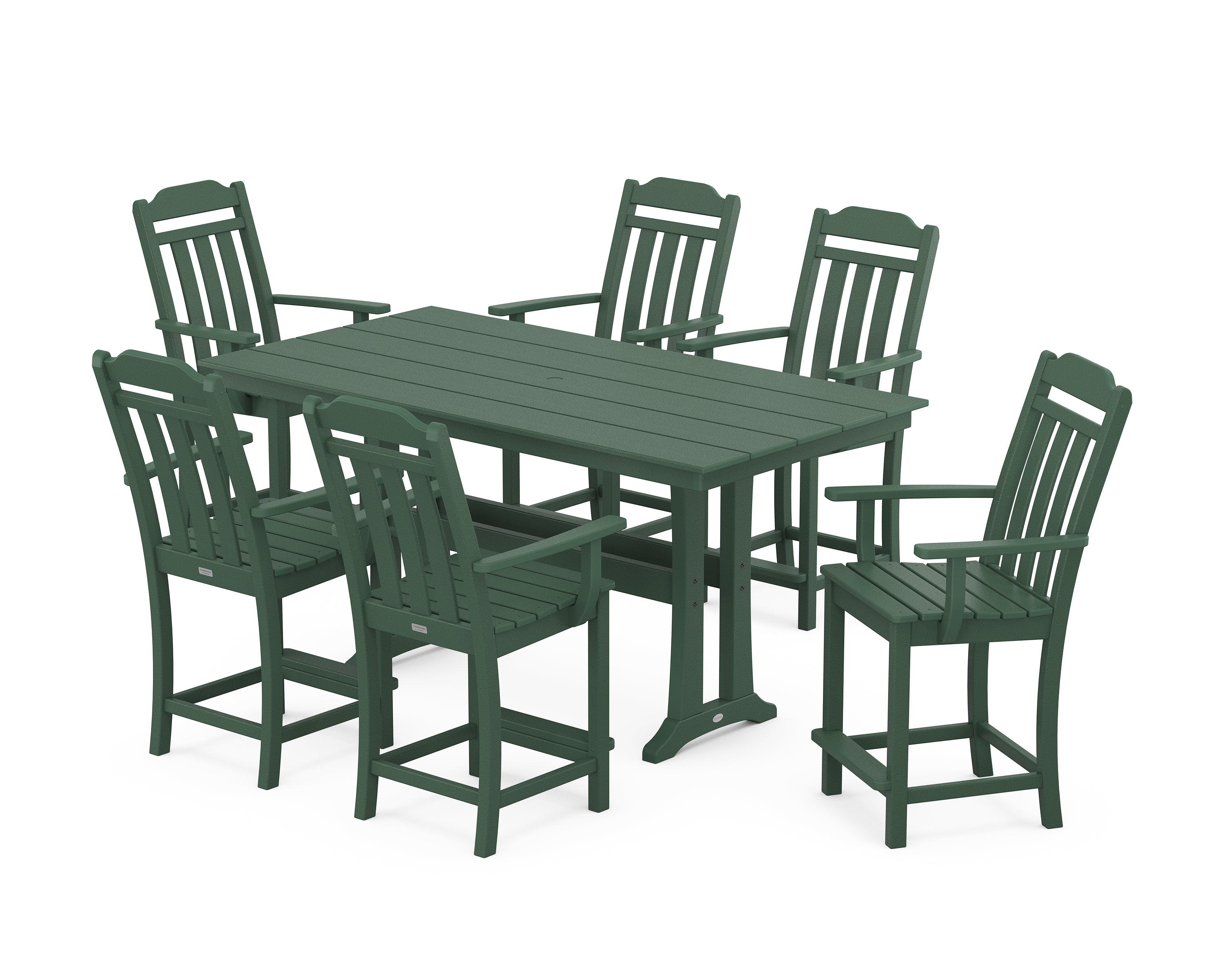 Country Living Cottage Arm Chair 7-Piece Farmhouse Counter Set with Trestle Legs in Green