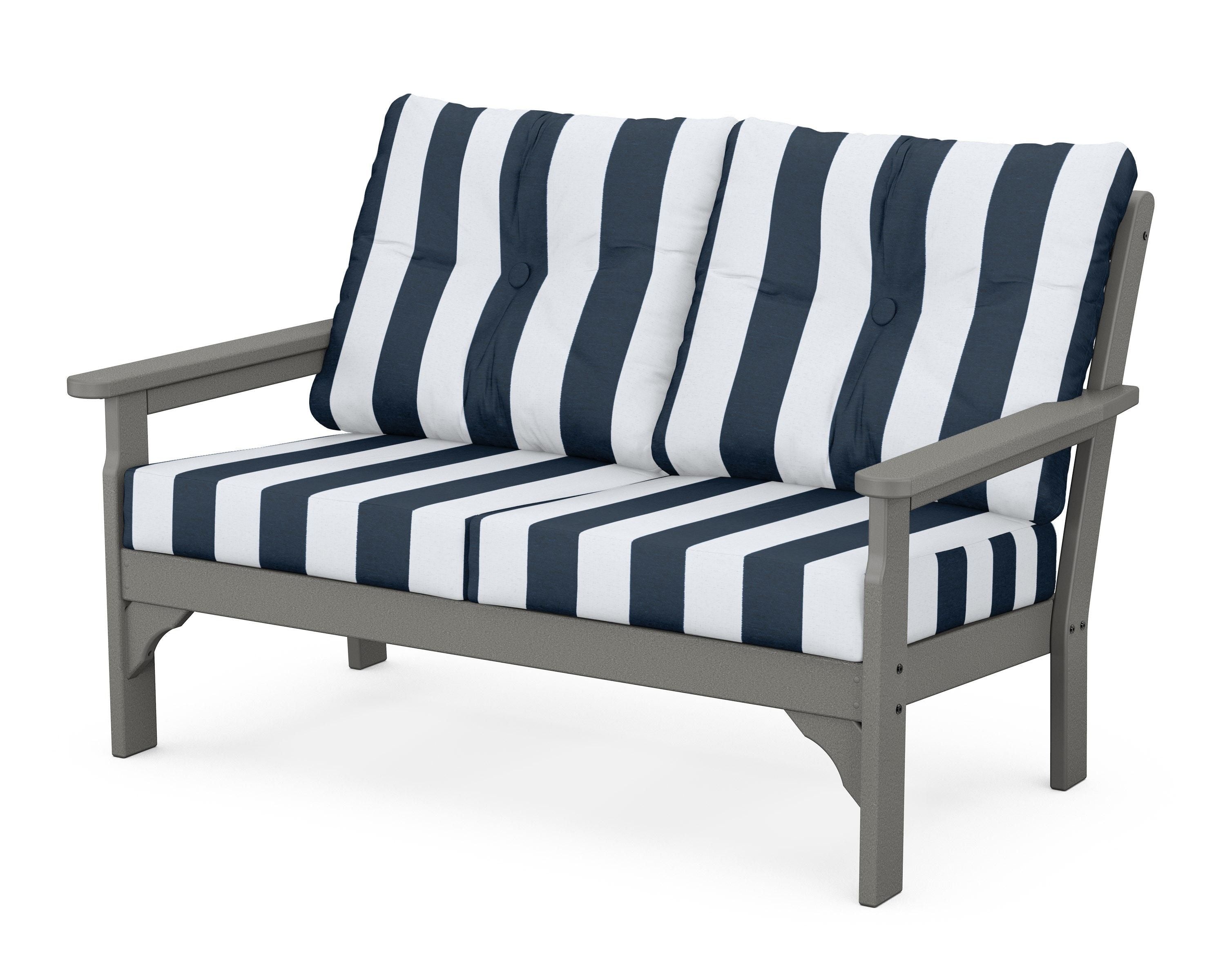 POLYWOOD® Vineyard Deep Seating Loveseat in Slate Grey / Cabana Stripe Marine Indigo