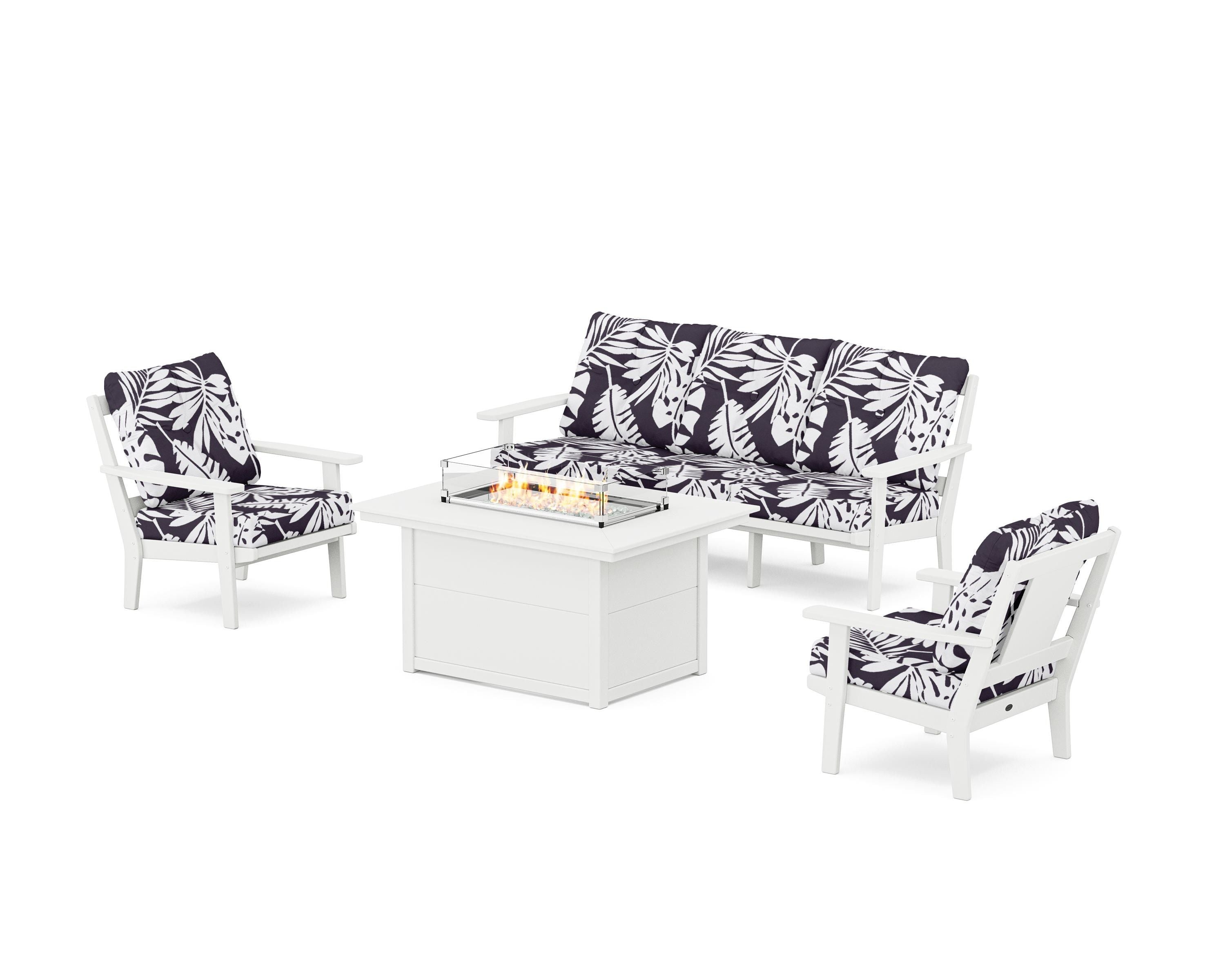 POLYWOOD® Prairie Deep Seating Fire Pit Table Set in White / Leaf Navy