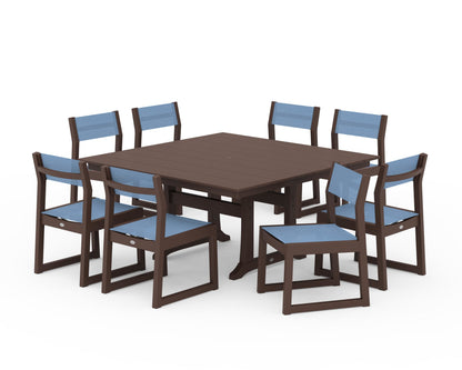 POLYWOOD® EDGE Sling Side Chair 9-Piece Farmhouse Trestle Dining Set in Mahogany / Poolside Sling