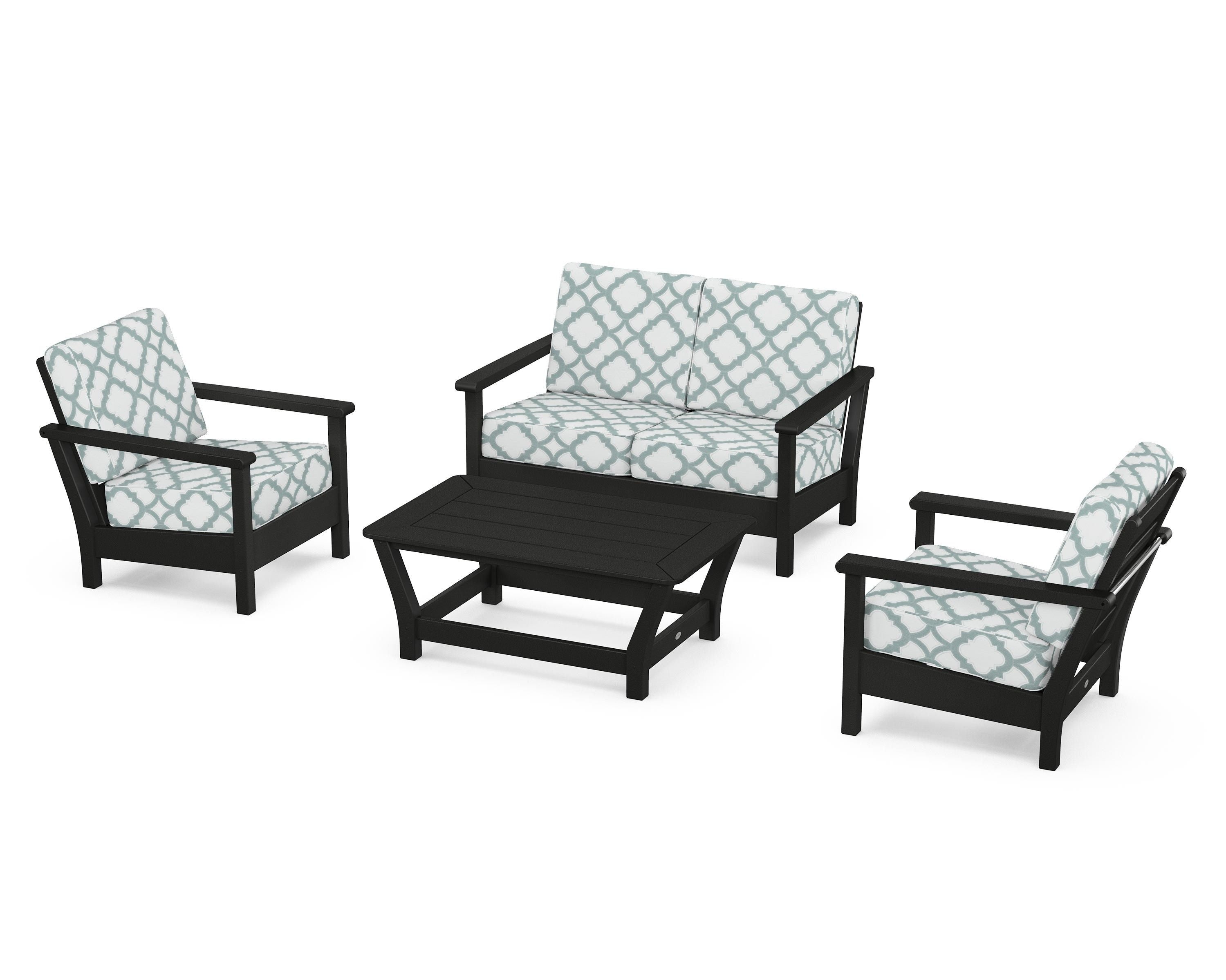 POLYWOOD® Harbour 4-Piece Deep Seating Set in Black / Trellis Glacier Spa