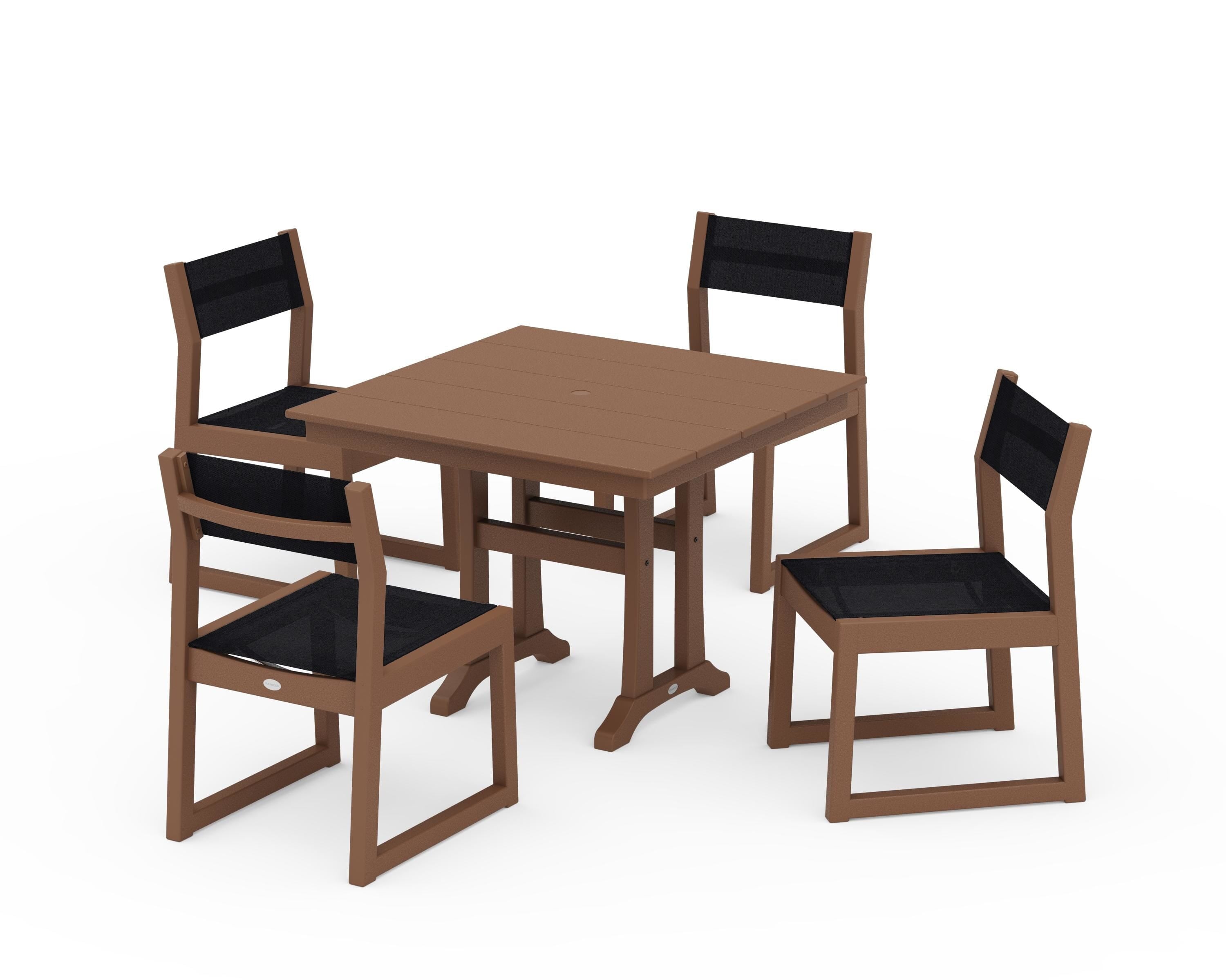 POLYWOOD® EDGE Sling 5-Piece Farmhouse Trestle Side Chair Dining Set in Teak / Black Sling