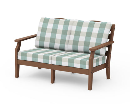Draper James™ by  POLYWOOD® Savannah Deep Seating Loveseat in Teak / Buffalo Plaid Glacier Spa