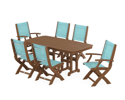 POLYWOOD® Coastal Folding Chair 7-Piece Dining Set in Teak / Dupioni Aquamarine Sling