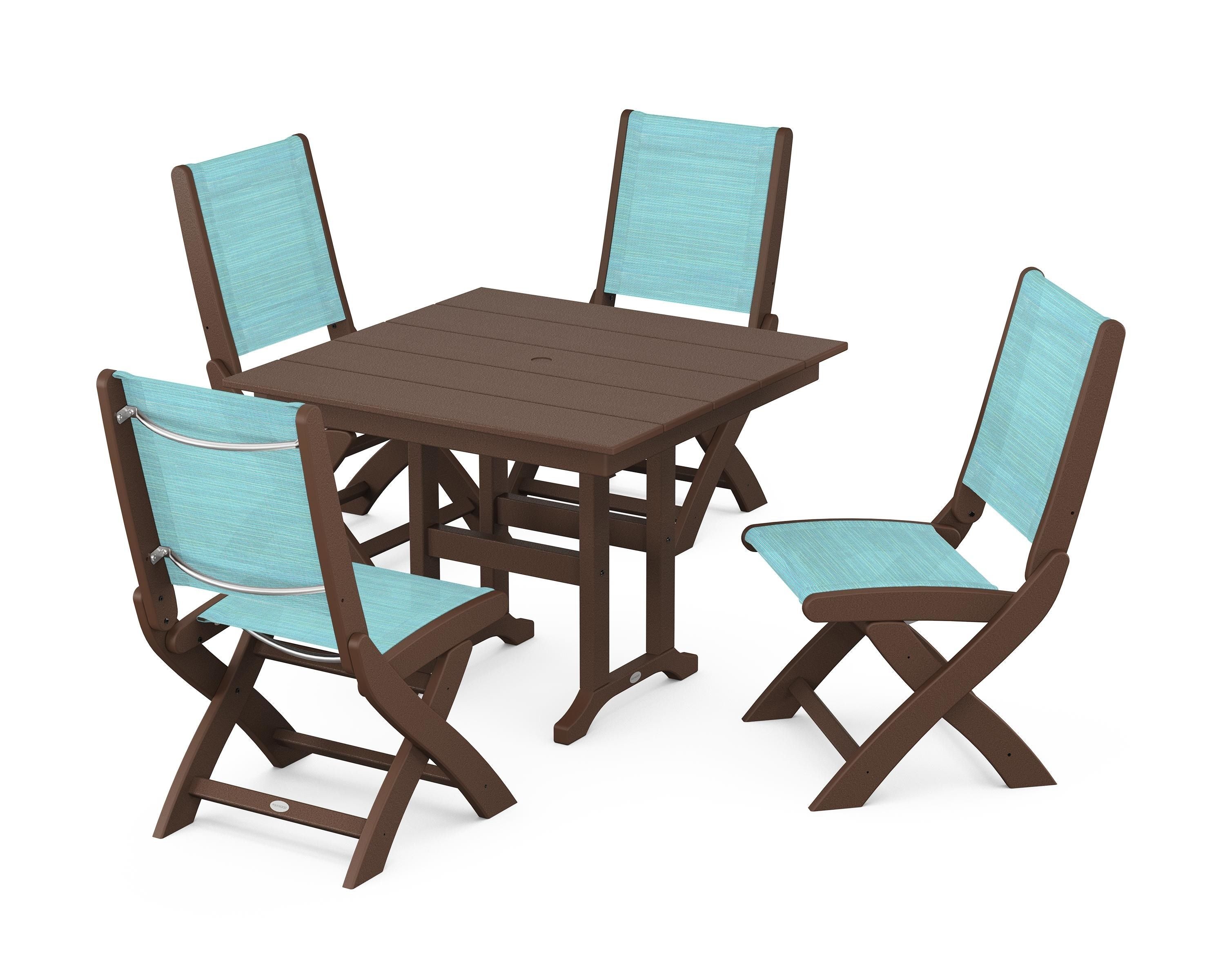 POLYWOOD® Coastal Folding Side Chair 5-Piece Farmhouse Dining Set in Mahogany / Dupioni Aquamarine Sling