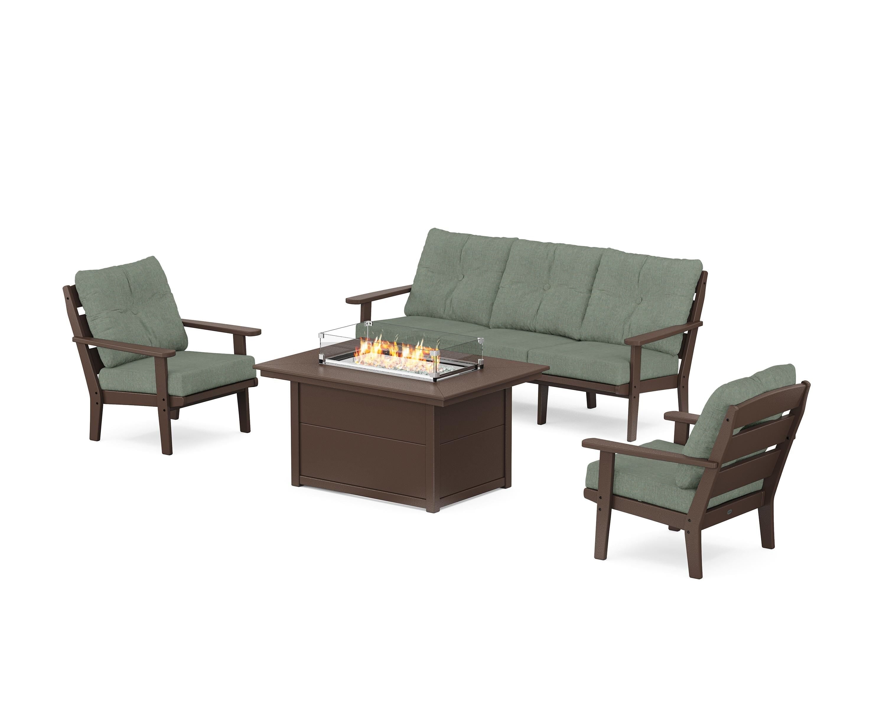 POLYWOOD® Lakeside Deep Seating Fire Pit Table Set in Mahogany / Cast Sage