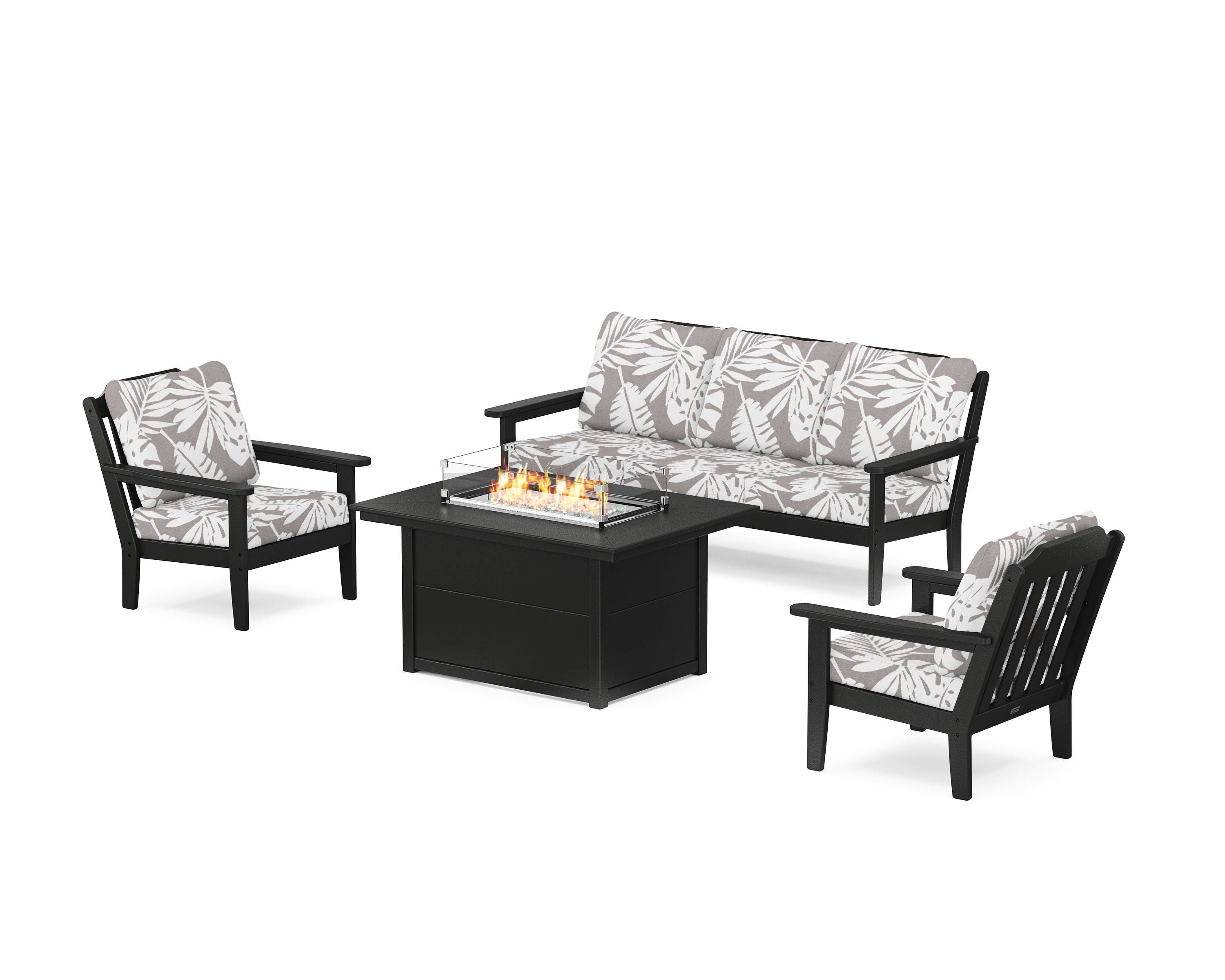 Country Living Cottage Deep Seating Fire Pit Table Set in Black / Leaf Grey Mist