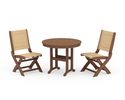 POLYWOOD® Coastal Folding Side Chair 3-Piece Round Dining Set in Teak / Dupioni Apricot Sling