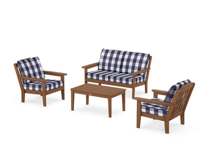 Country Living Cottage 4-Piece Deep Seating Set with Loveseat in Teak / Buffalo Plaid Navy