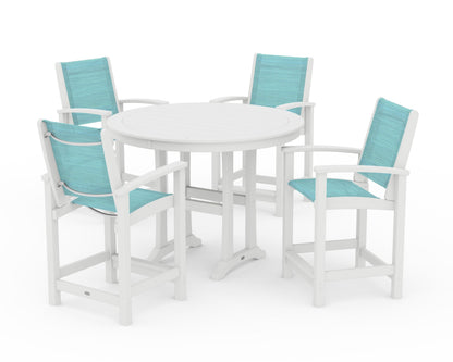 POLYWOOD® Coastal 5-Piece Counter Set in White / Dupioni Aquamarine Sling