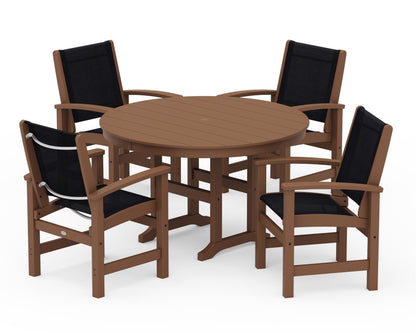 POLYWOOD® Coastal 5-Piece Round Farmhouse Dining Set in Teak / Black Sling