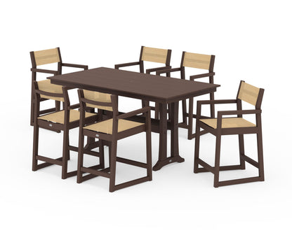POLYWOOD® EDGE Sling Arm Chair 7-Piece Farmhouse Counter Set with Trestle Legs in Mahogany / Dupioni Apricot Sling