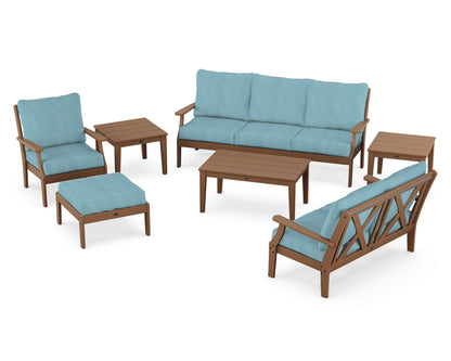 POLYWOOD® Braxton 7-Piece Deep Seating Set in Teak / Lattice Sky Blue