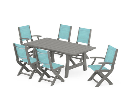 POLYWOOD® Coastal Folding Chair 7-Piece Rustic Farmhouse Dining Set in Slate Grey / Dupioni Aquamarine Sling