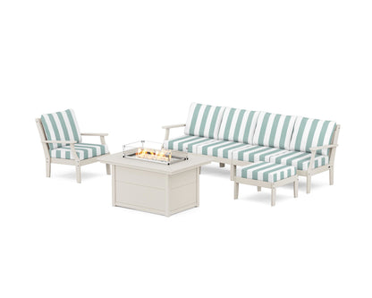 POLYWOOD® Braxton Sectional Lounge and Fire Pit Set in Sand / Cabana Stripe Glacier Spa