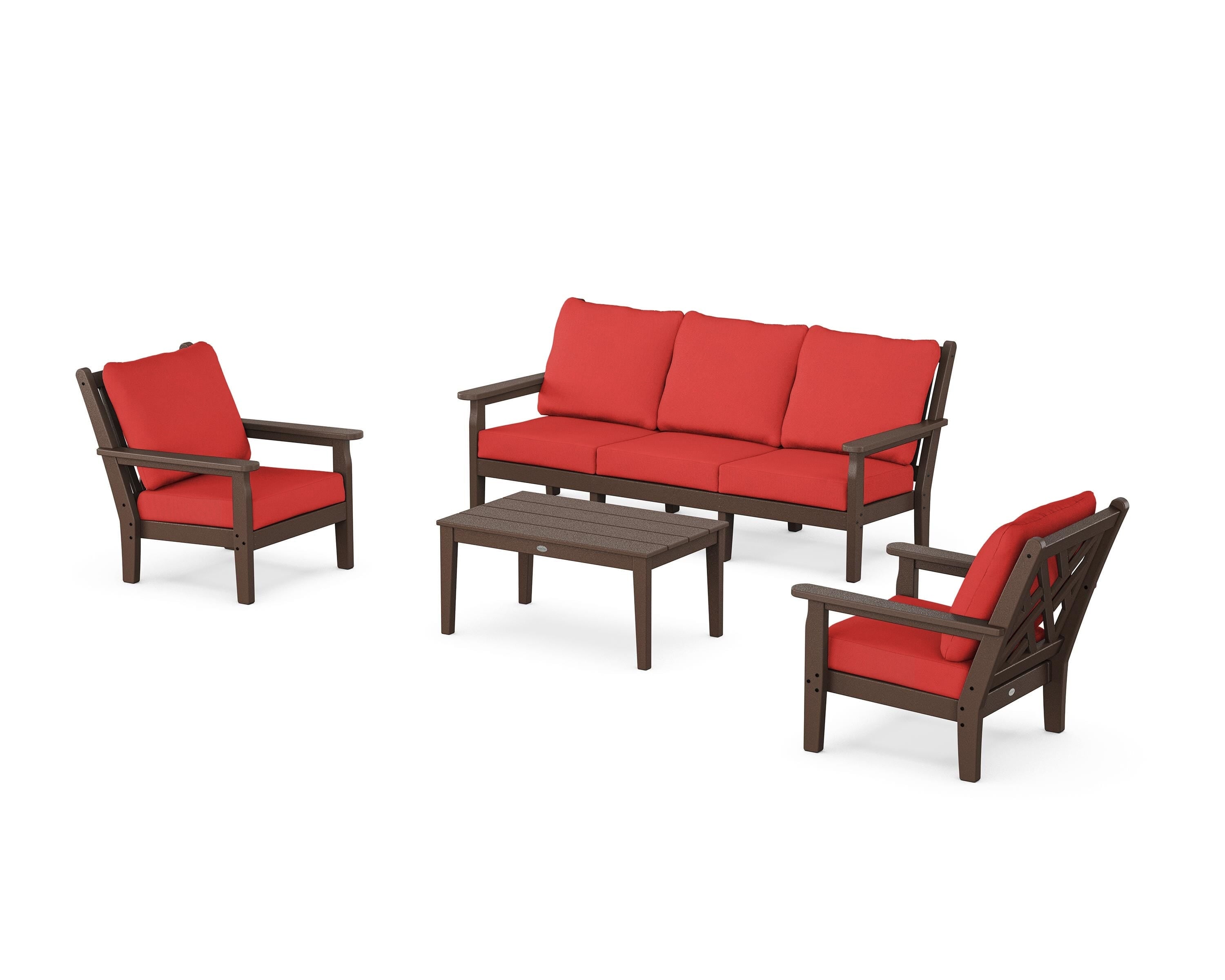 POLYWOOD® Chippendale 4-Piece Deep Seating Set with Sofa in Mahogany / Crimson Linen