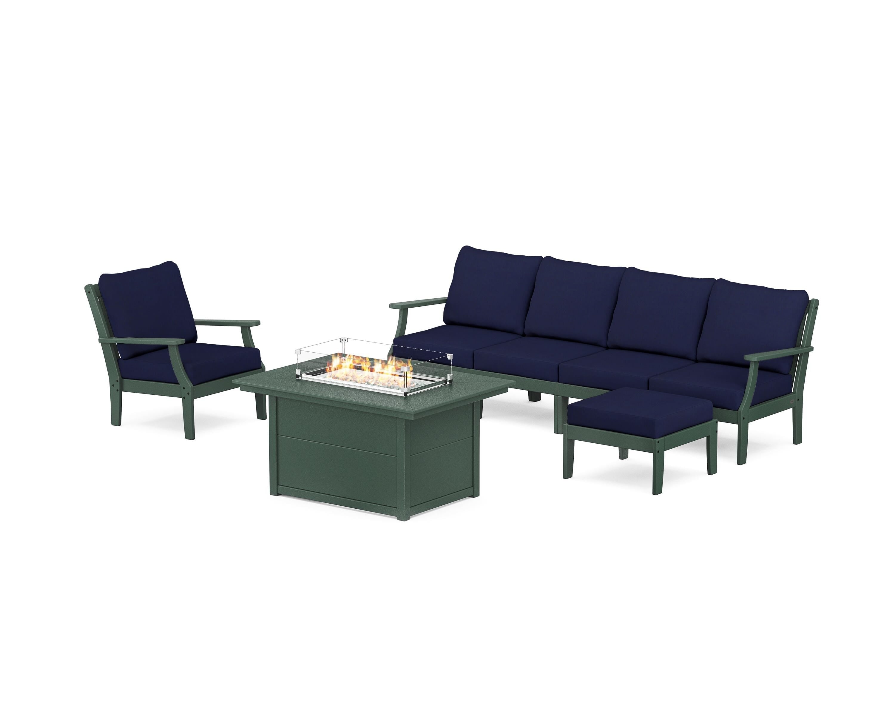 POLYWOOD® Braxton Sectional Lounge and Fire Pit Set in Green / Navy