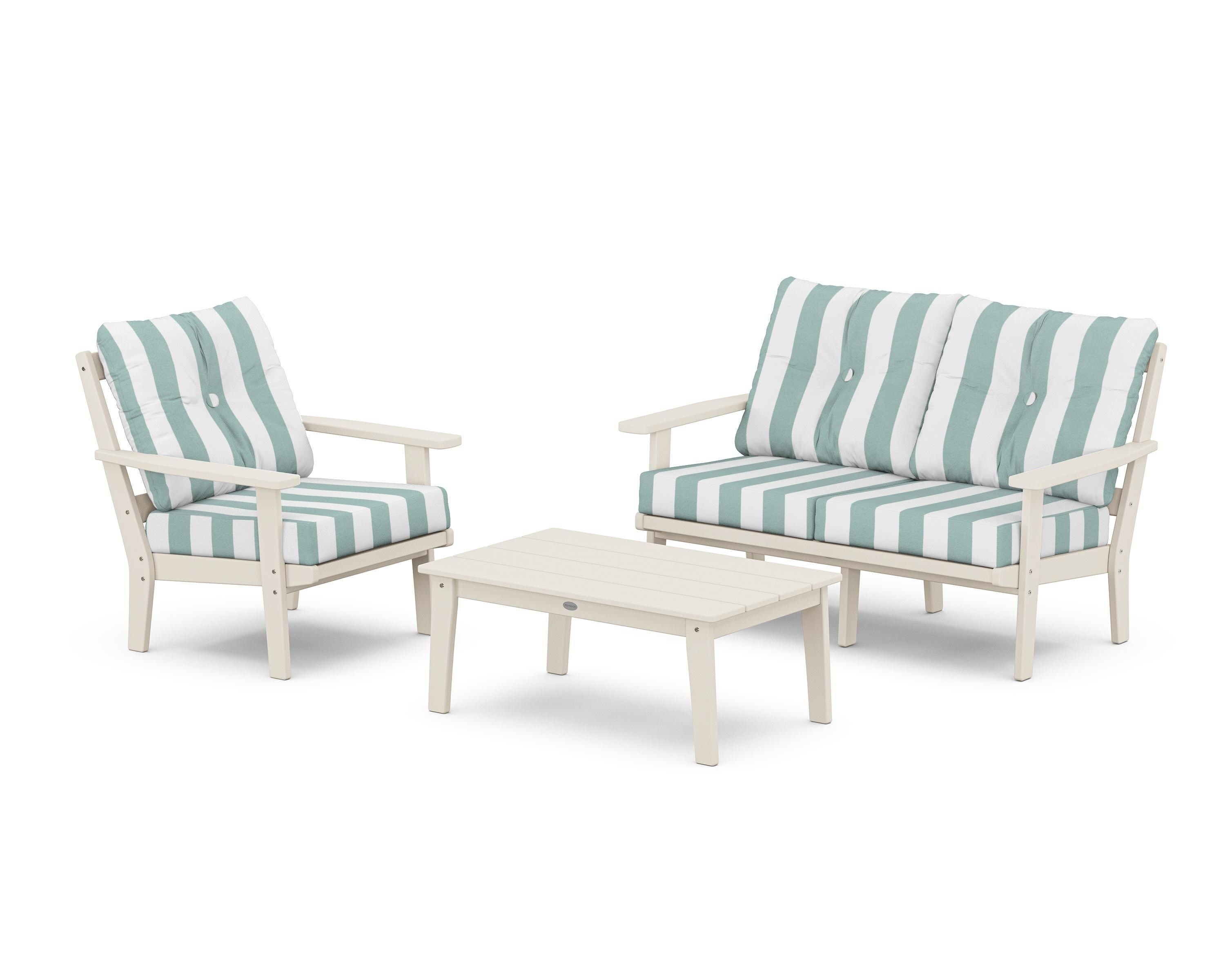 POLYWOOD® Prairie 3-Piece Deep Seating Set with Loveseat in Sand / Cabana Stripe Glacier Spa