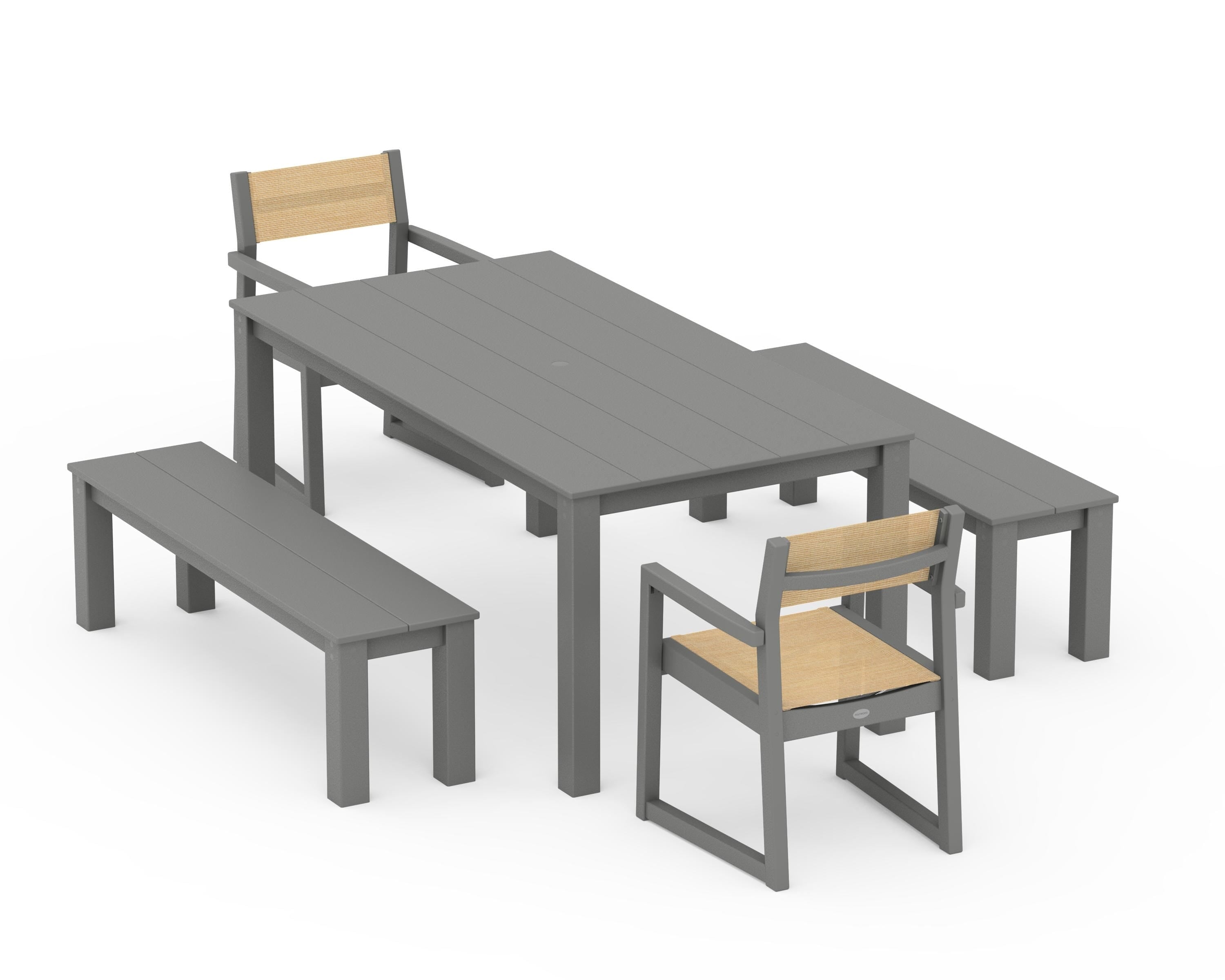 POLYWOOD® EDGE Sling Arm Chair 5-Piece Parsons Dining Set with Benches in Slate Grey / Dupioni Apricot Sling