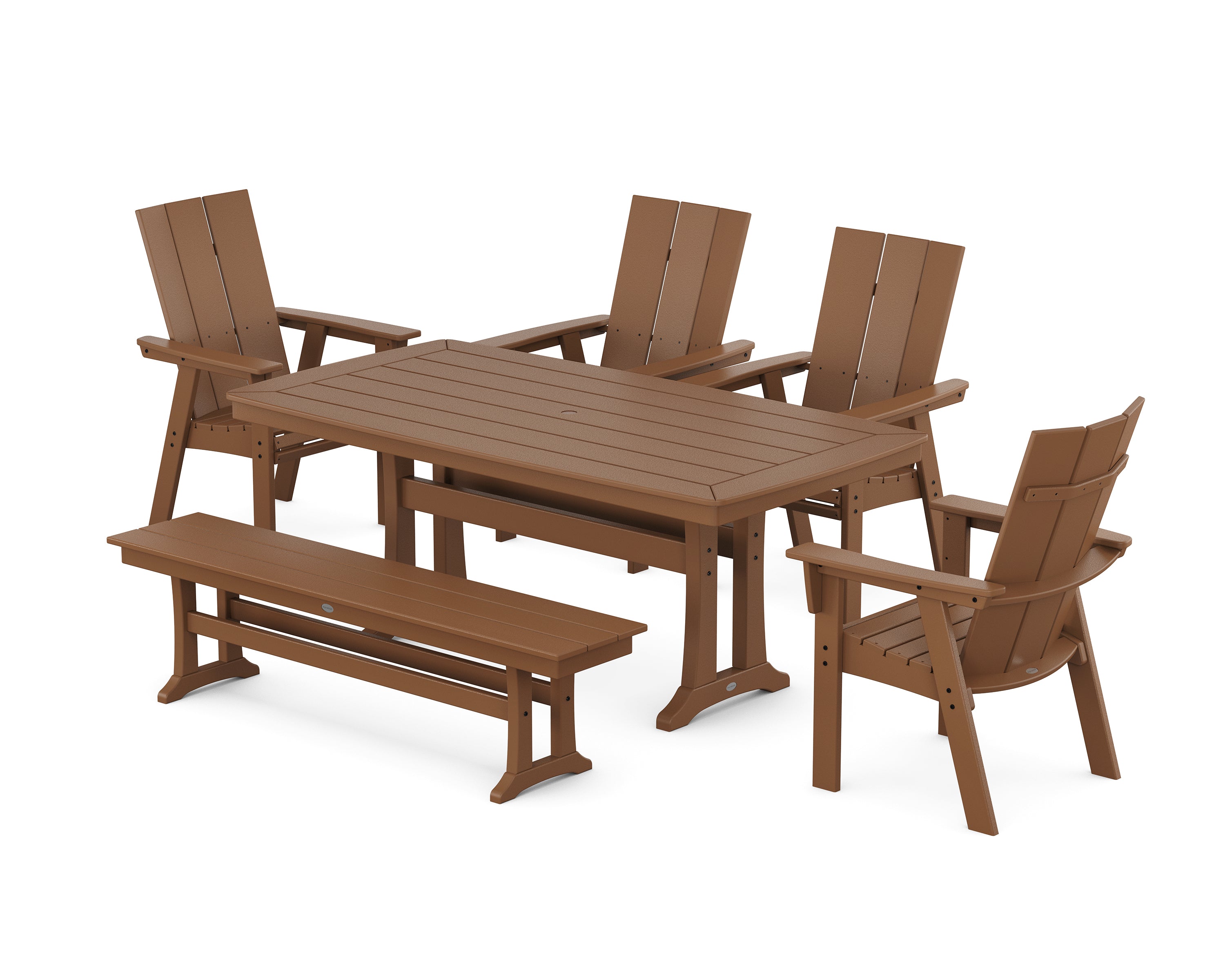 POLYWOOD® Modern Curveback Adirondack 6-Piece Farmhouse Dining Set with Trestle Legs and Bench in Teak