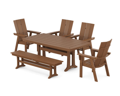 POLYWOOD® Modern Curveback Adirondack 6-Piece Farmhouse Dining Set with Trestle Legs and Bench in Teak