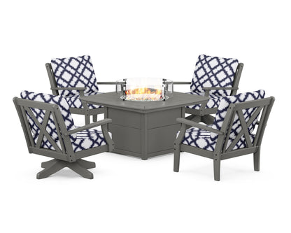 POLYWOOD® Braxton 5-Piece Deep Seating Set with Fire Table in Slate Grey / Trellis Navy