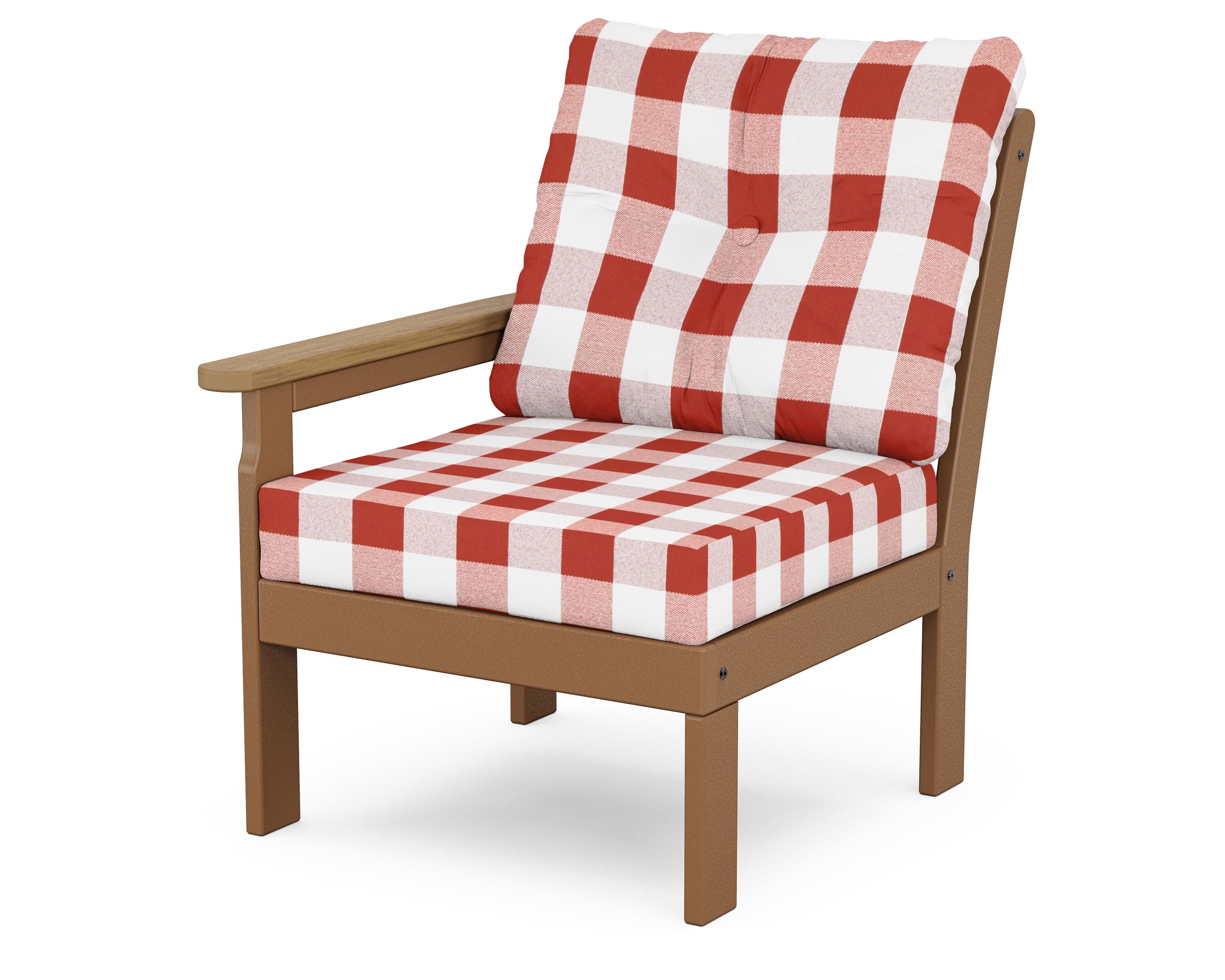 POLYWOOD® Vineyard Modular Left Arm Chair in Teak / Natural / Buffalo Plaid Crimson