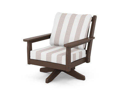 POLYWOOD® Chippendale Deep Seating Swivel Chair in Mahogany / Cabana Stripe Dune Burlap