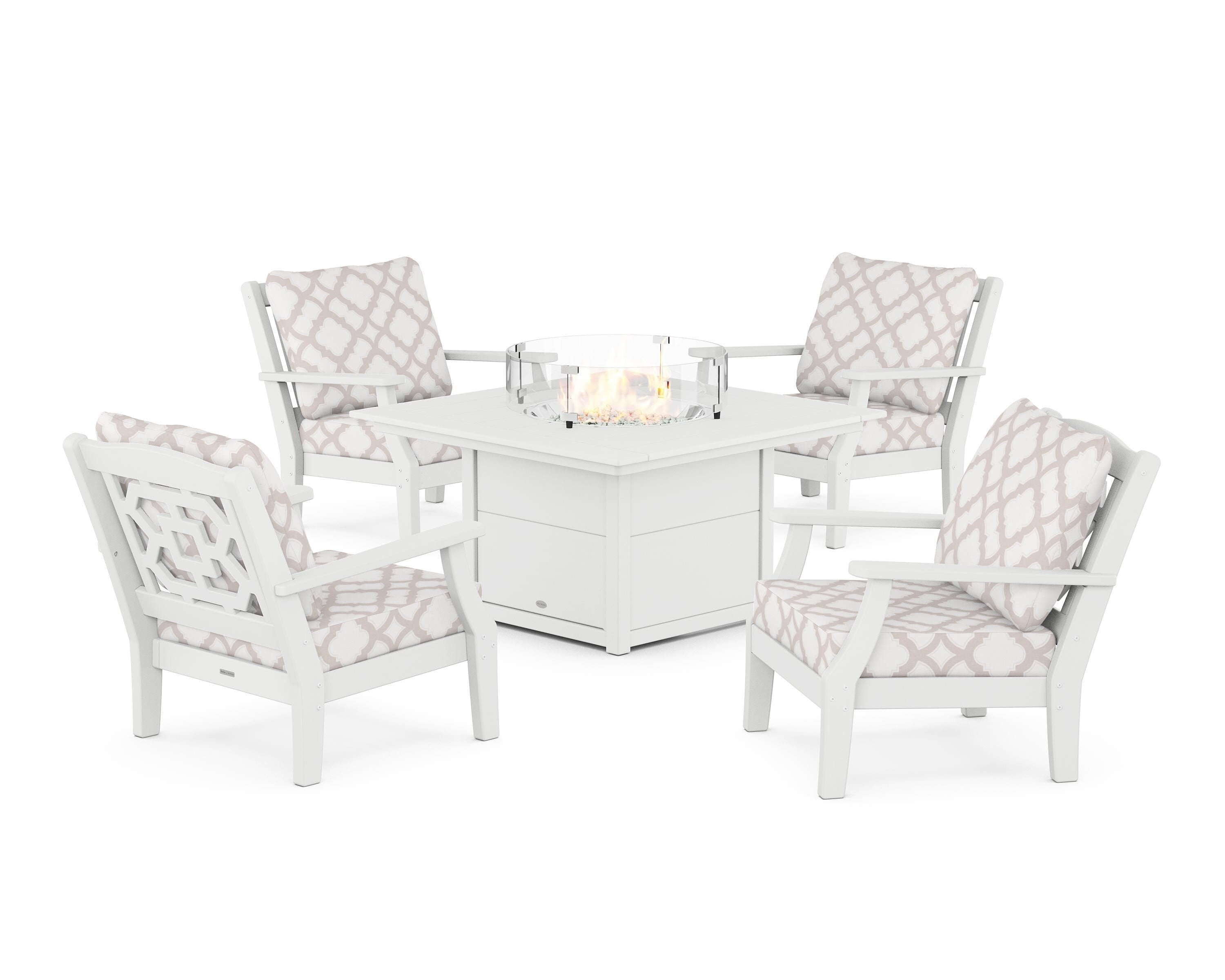 Martha Stewart by POLYWOOD® Chinoiserie 5-Piece Deep Seating Set with Fire Pit Table in White / Trellis Dune Burlap