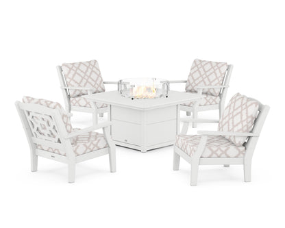 Martha Stewart by POLYWOOD® Chinoiserie 5-Piece Deep Seating Set with Fire Pit Table in White / Trellis Dune Burlap