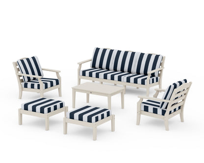 Draper James™ by  POLYWOOD® Savannah 6-Piece Lounge Sofa Set in Sand / Cabana Stripe Marine Indigo