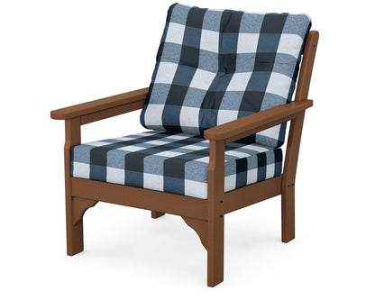 POLYWOOD® Vineyard Deep Seating Chair in Teak / Buffalo Plaid Marine Indigo