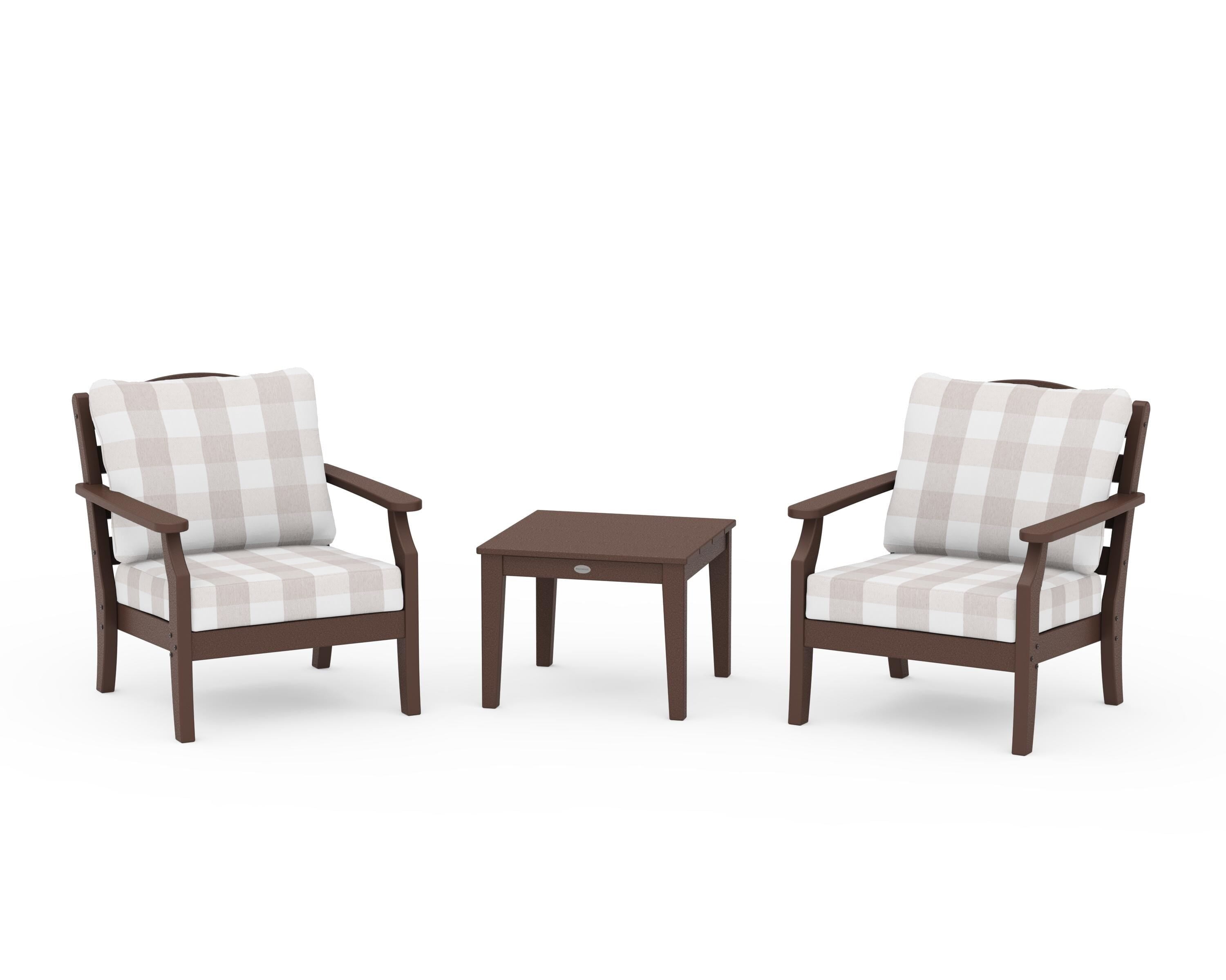 Draper James™ by  POLYWOOD® Savannah 3-Piece Deep Seating Set in Mahogany / Buffalo Plaid Dune Burlap