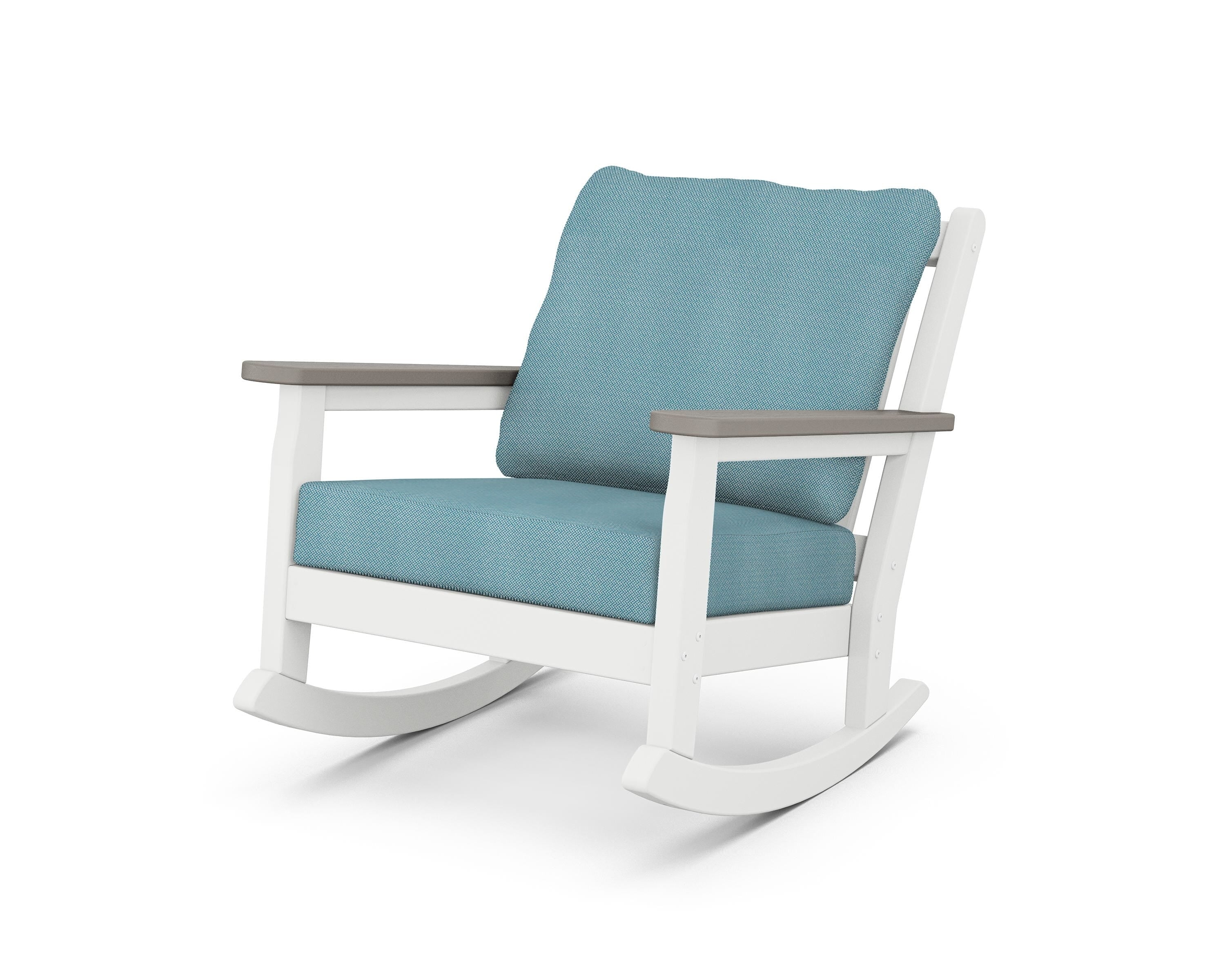 POLYWOOD® Chippendale Deep Seating Rocking Chair in White / Driftwood / Lattice Sky Blue
